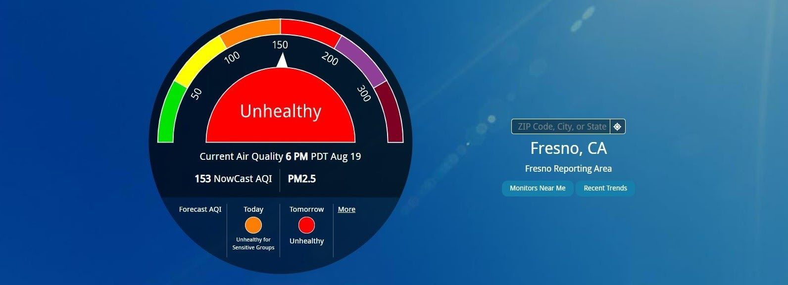 AirNow display for Fresno, California showing an unhealthy air quality reading of 153.