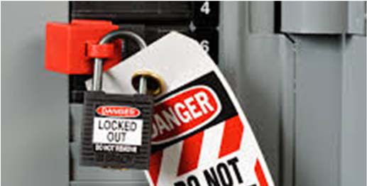 Lockout/tagout padlock and warning tag marked “Danger” and “Do Not Operate” attached to equipment.