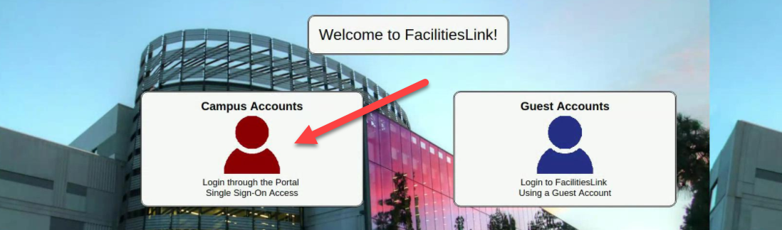 Facilities Link Home Screen with two sign on options, Campus Accounts and Guest Accounts.