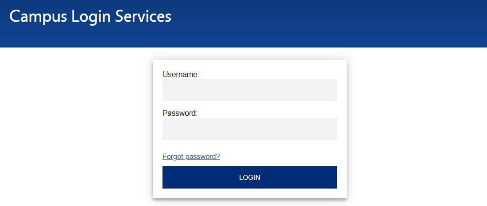 Campus Login Services sign-in page with username and password fields, a forgot password link, and a login button.