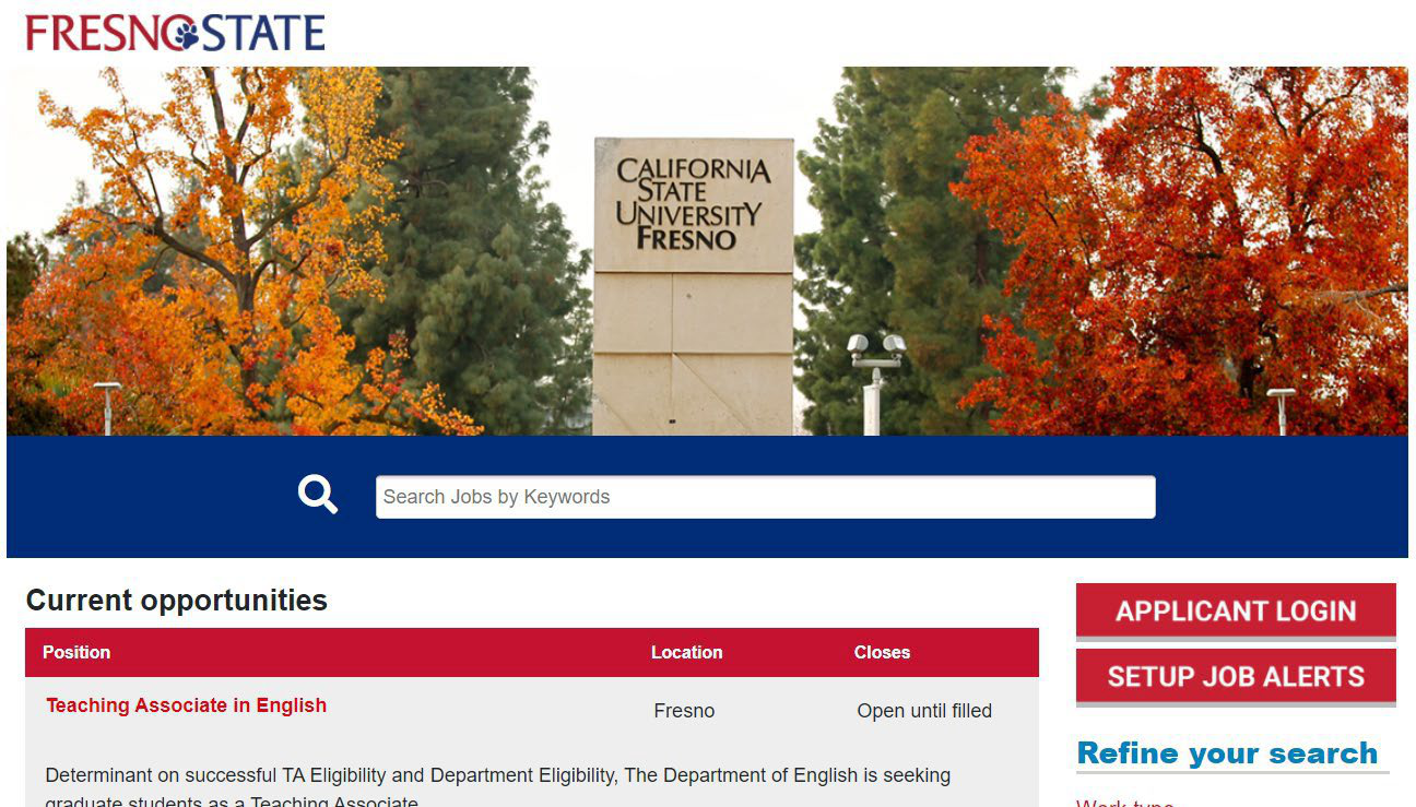 Fresno State Jobs page showing a keyword search, current opportunities, applicant login, and job alerts.