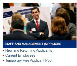 Staff and Management jobs panel with links for new and returning applicants, current employees, and the temporary hire applicant pool.