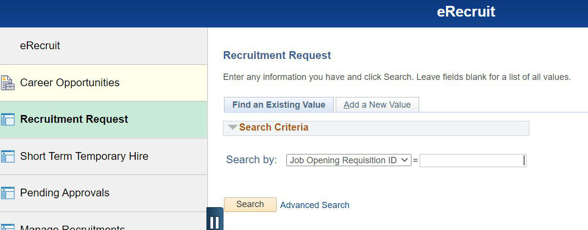 eRecruit Recruitment Request page with the Add a New Value tab visible.