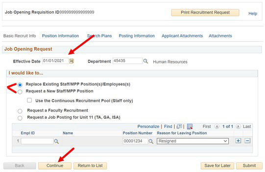 Recruitment Request form showing effective date, department, position type choices, and the Continue button.