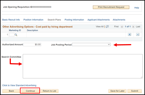 Recruitment Request form showing the Job Posting Period drop-down menu and Search Committee text box.