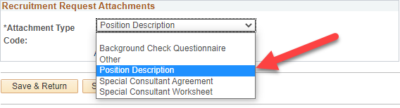 Attachment Type drop-down menu showing options including Background Check Questionnaire, Other, Position Description, and Special Consultant documents.