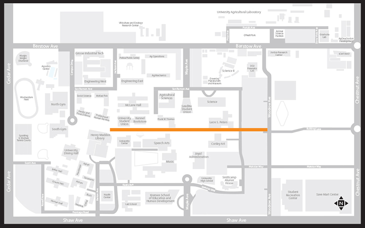 Fresno State map showing the orange map which is .5 miles long. 