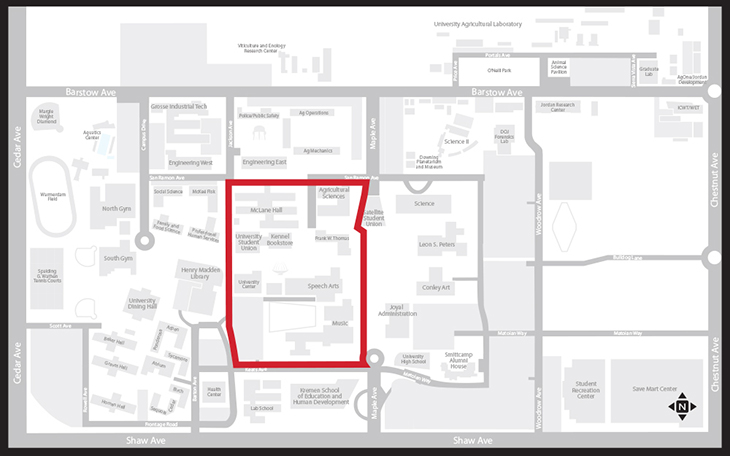 Fresno State map showing the red path which is 1 mile long.