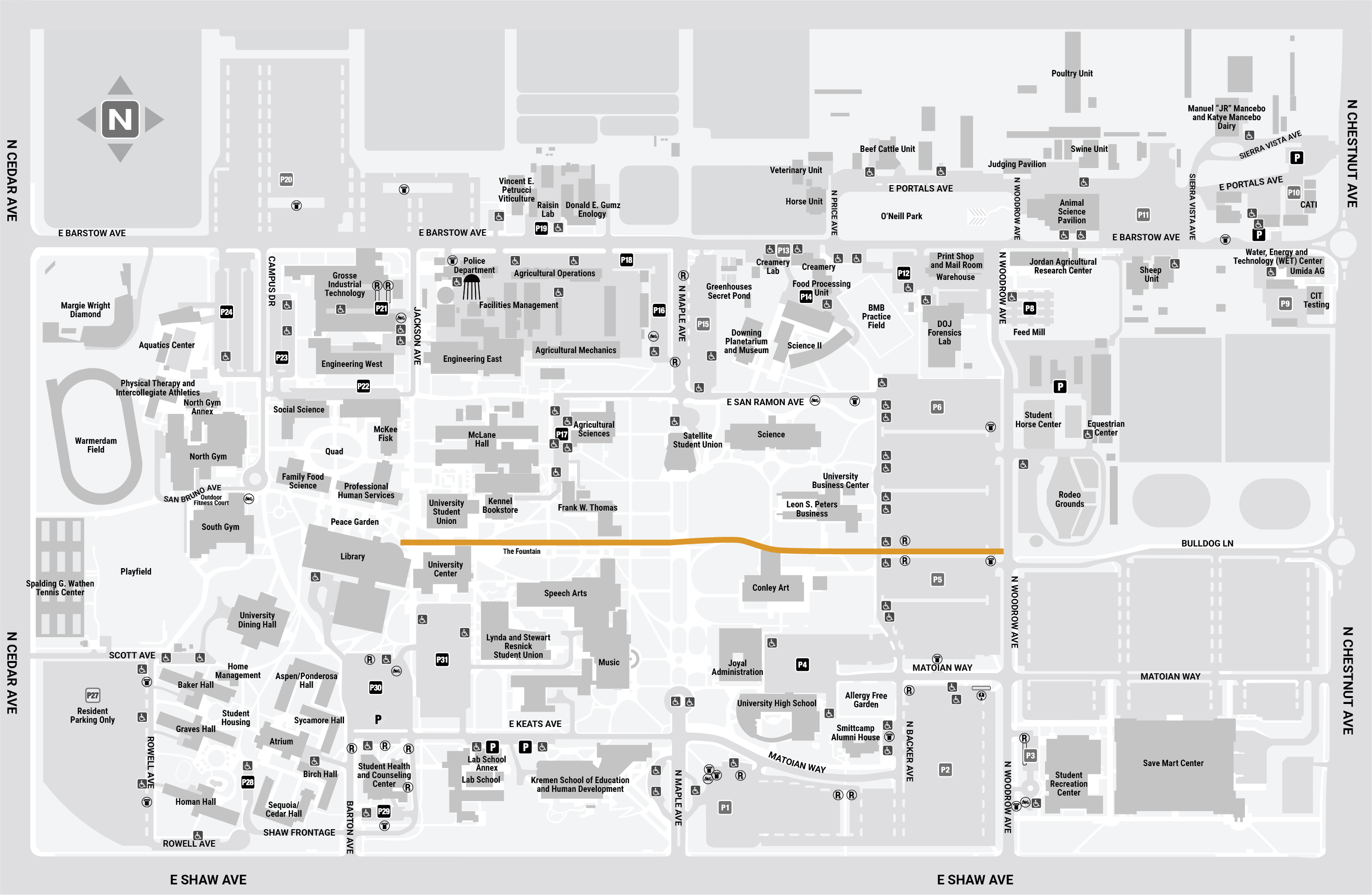 Fresno State map showing the orange map which is .5 miles long. 