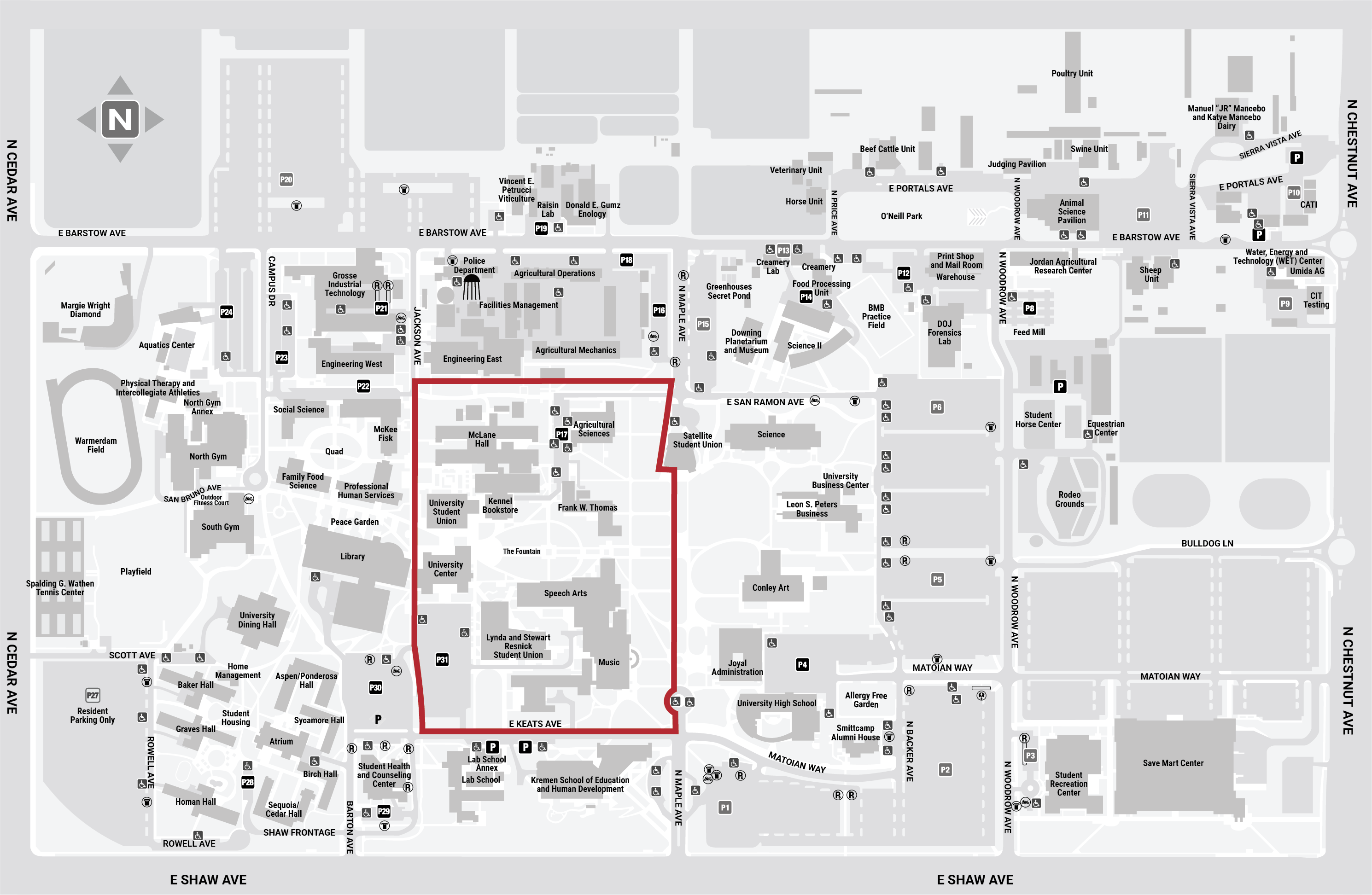 Fresno State map showing the red path which is 1 mile long.