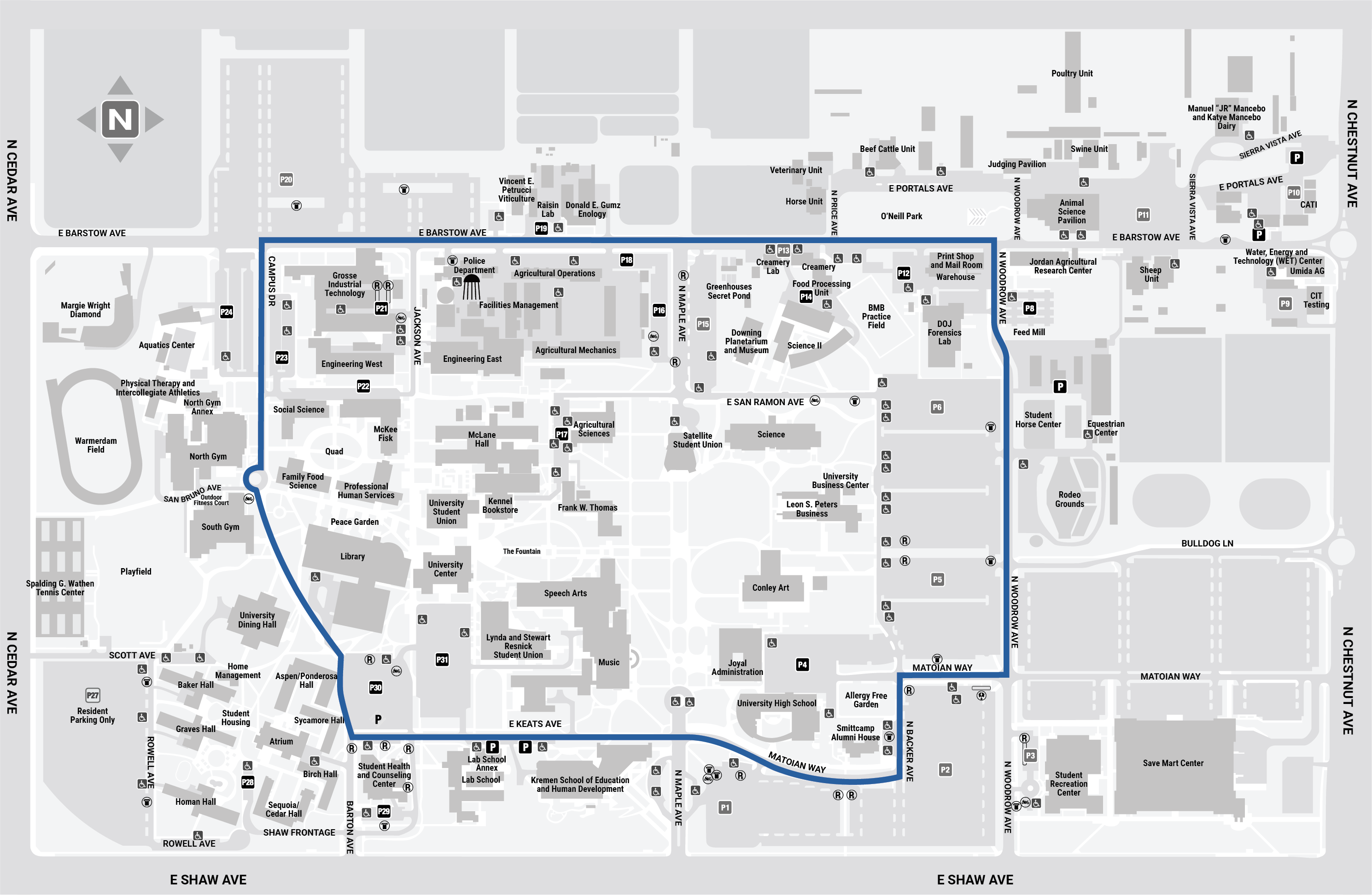 Fresno State map showing the blue path which is 2 miles long. 