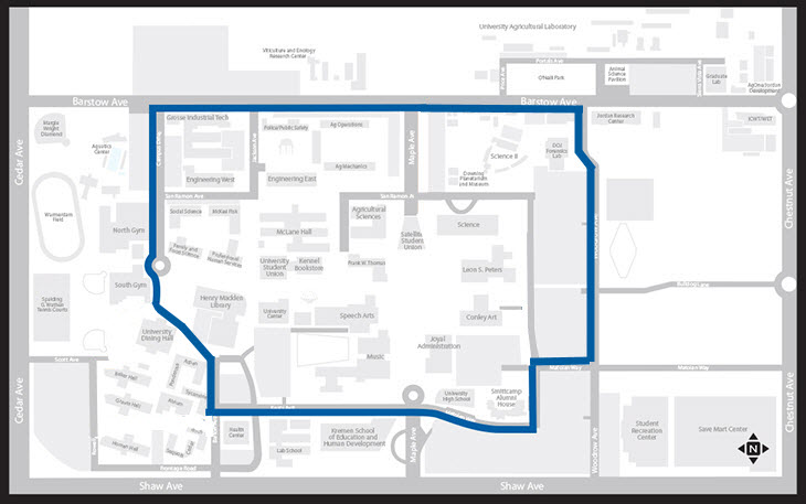 Fresno State map showing the blue path which is 2 miles long. 