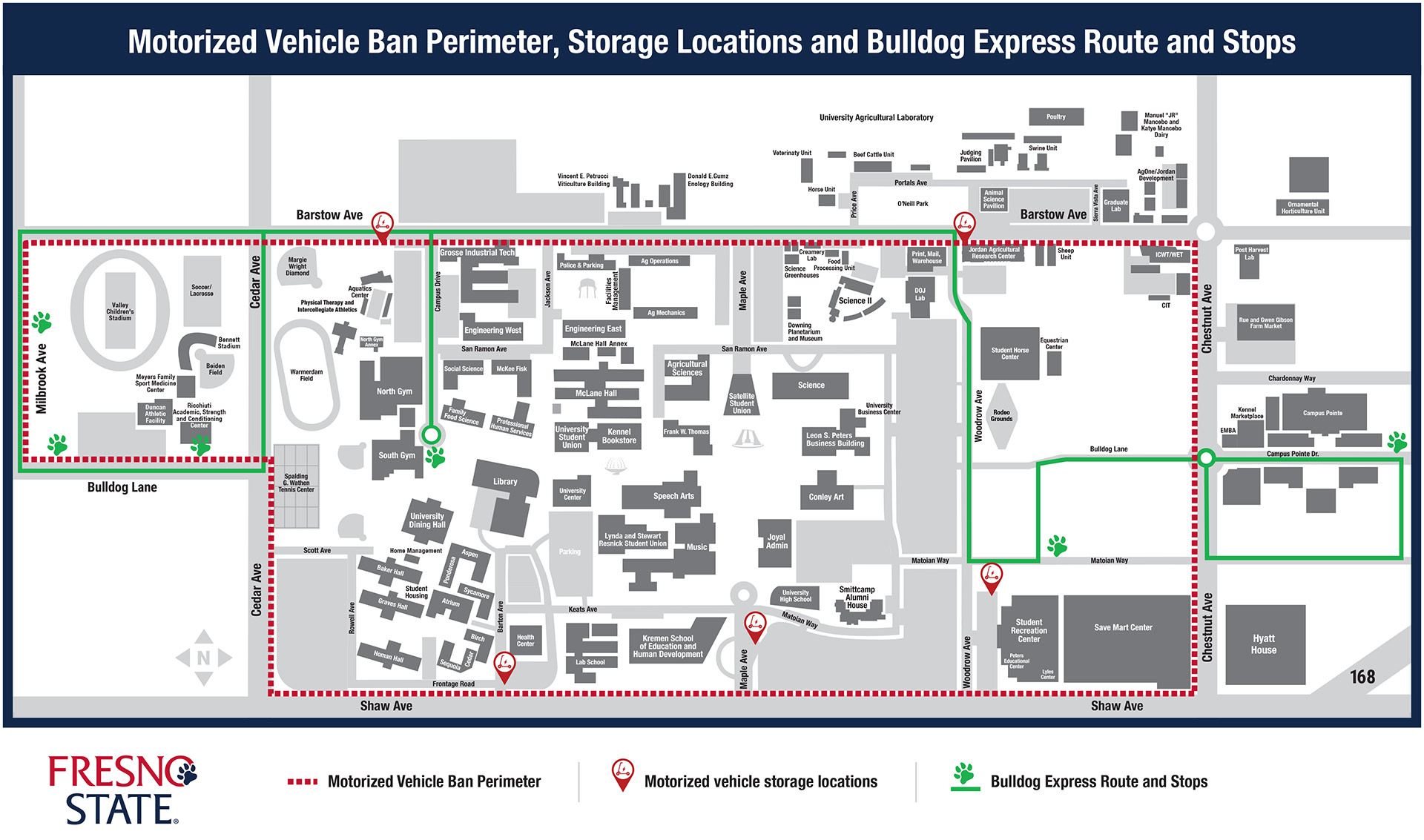 Motorized Vehicle Ban Perimeter, Storage Locations and Bulldog Express Route and Stops